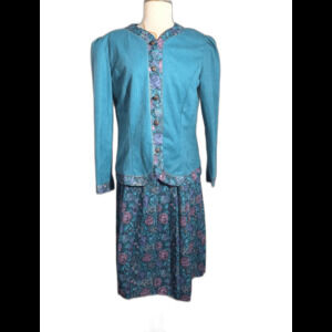 Another Thyme Skirt Set Size 14 80's Vintage English Garden Rich Teal Floral